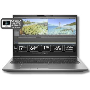 Computador Portátil usado recondicionado HP Zbook 17 G7 Fury com gráfica nVidia RTX 3000, oferta monitor HP Z24n G2. JANS-it.