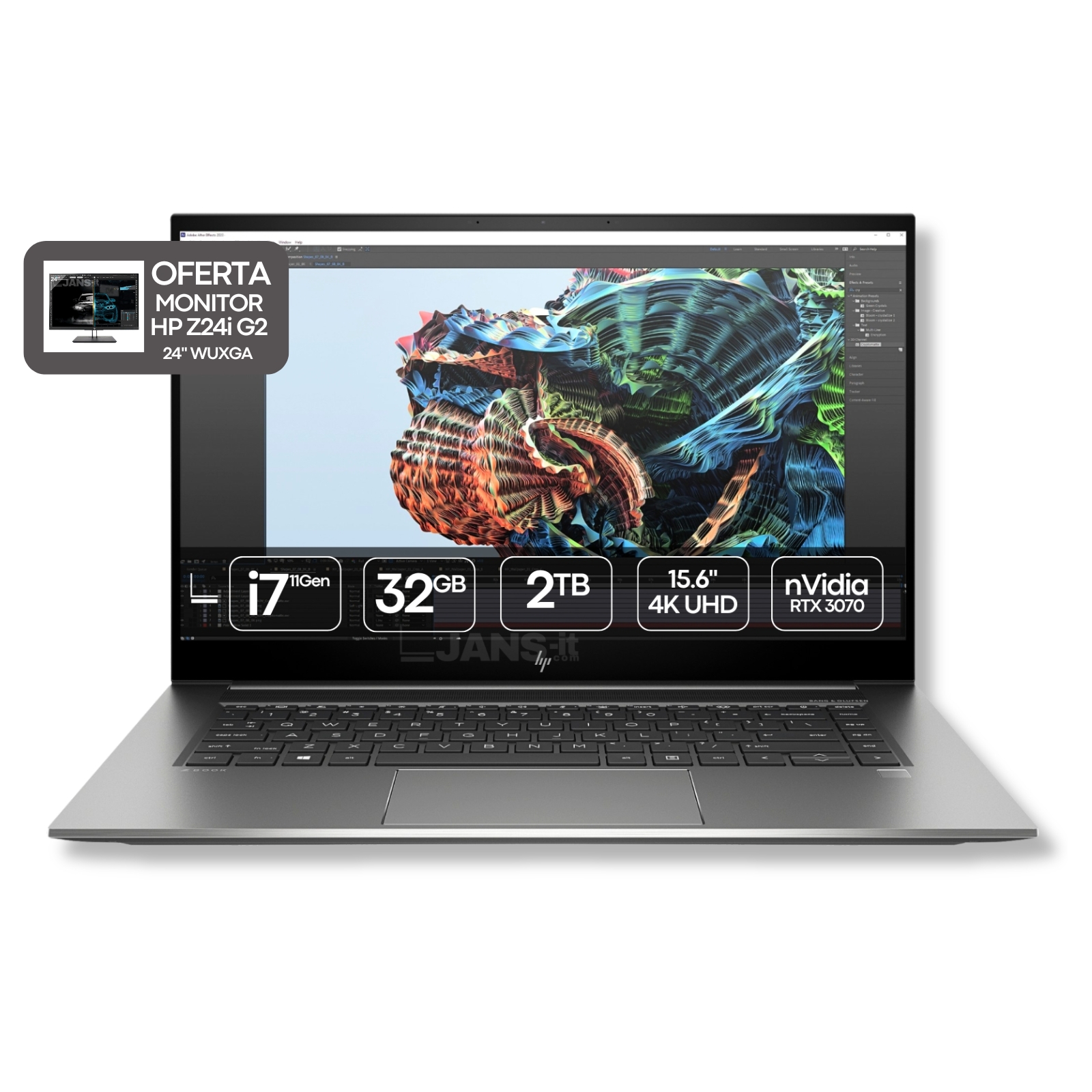 Computador Portátil usado recondicionado HP Zbook Studio G8 i7 com RTX 3070. Oferta monitor HP Z24i G2. JANS-it