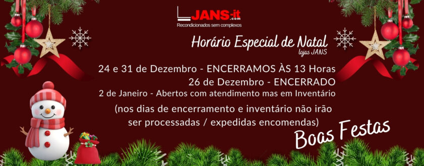 Banner de destaque secundário da JANSit com horário especial das lojas para a época natalícia 2025.