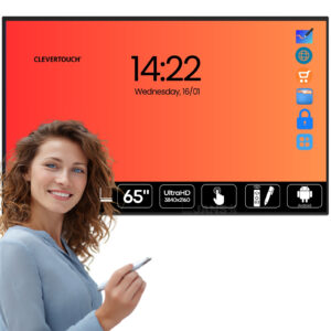 Monitor interativo Clevertouch Impact 65 plus. Monitor de videconferência e reunião, interativo de 65" com resolução UHD 4K, introdução touch e caneta. Usado recondicionado com Garantia JANSit.