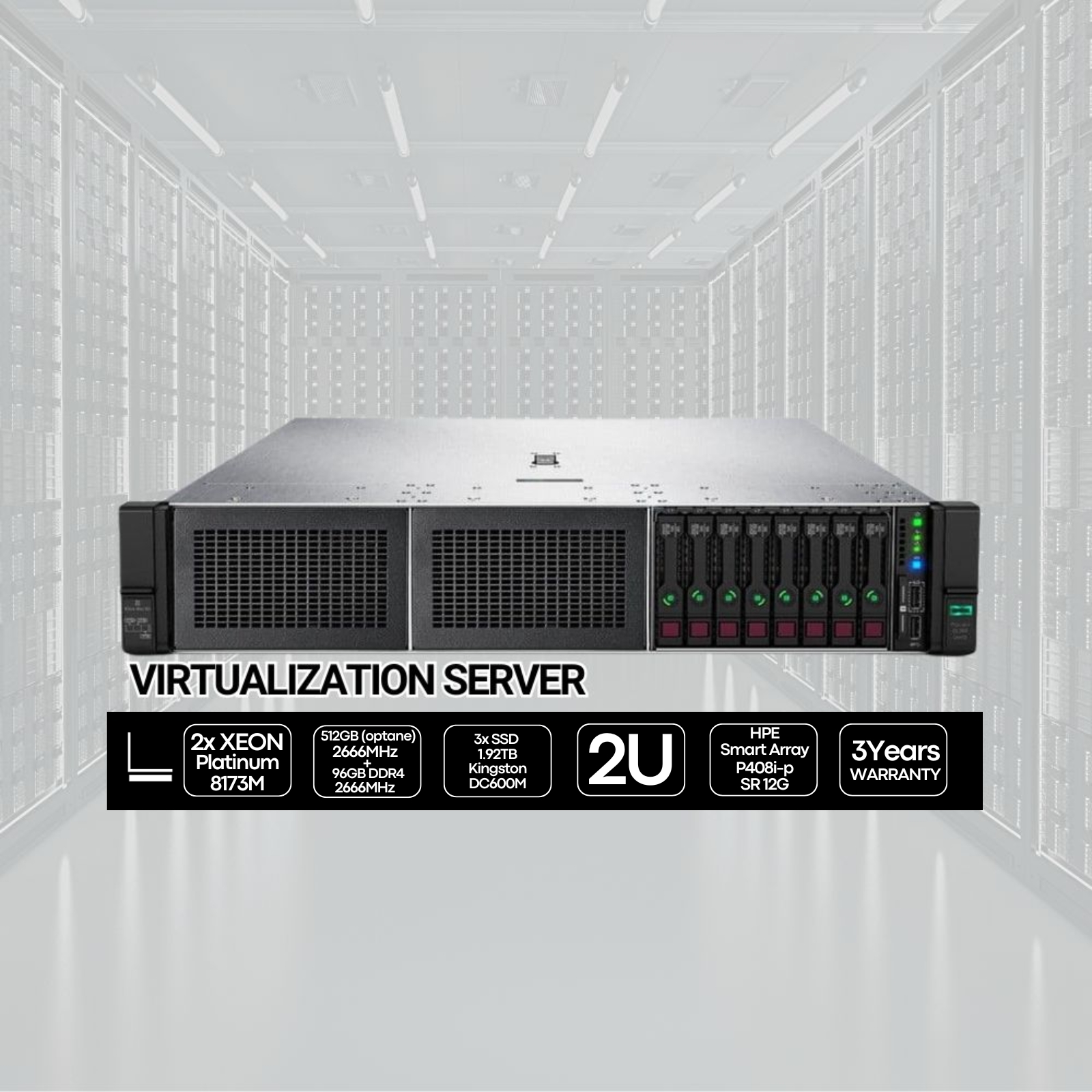 Servidor HP ProLiant DL380 Gen10 recondicionado JANSit – Configuração Dual Processor com 2x Intel Xeon Platinum 8173M. Formato 2U de alta densidade, performance extrema para datacenter e virtualização. Estado Grade A com garantia JANSit.