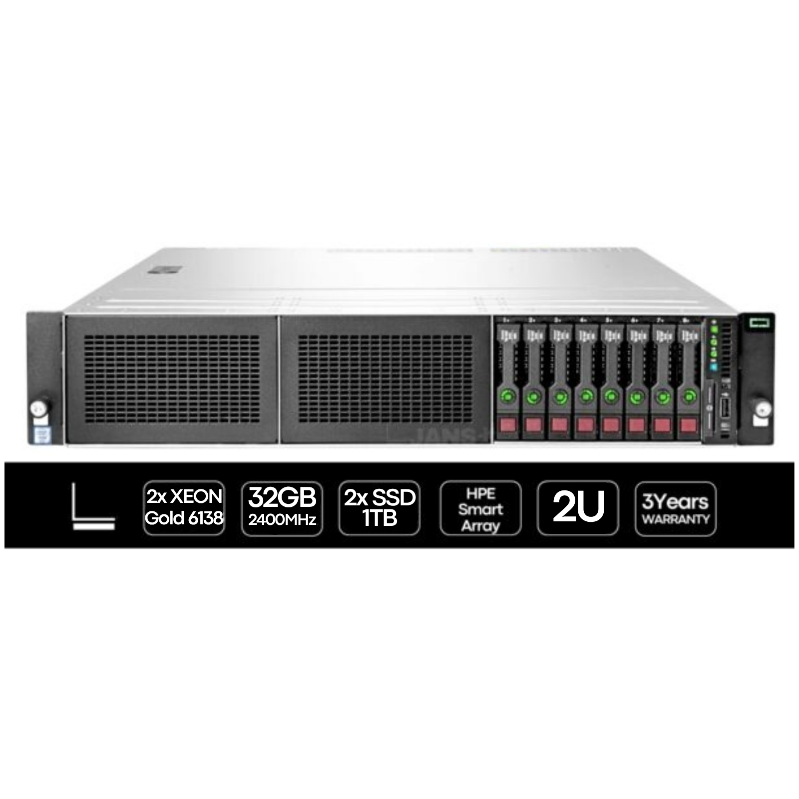 Servidor rack 2U HP ProLiant DL380 Gen10 ECO recondicionado JANSit – Equipado com dois discos SSD de 1TB para armazenamento de alta velocidade, chassis expansível e gestão avançada iLO 5. Solução corporativa eficiente, estado Grade A com garantia JANSit.