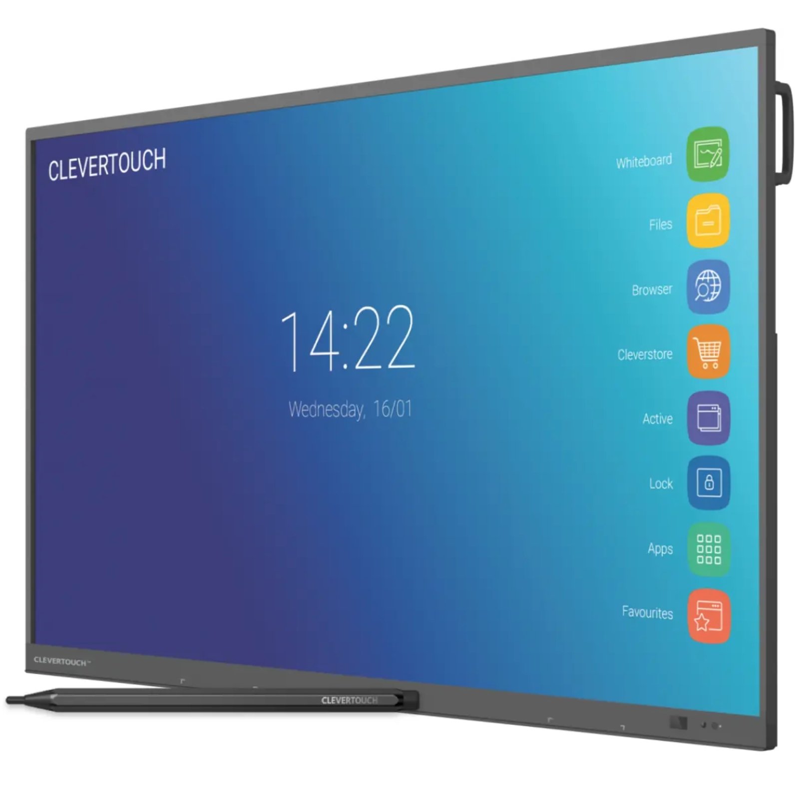 Monitor interativo Clevertouch Impact 65 plus. Monitor de videconferência e reunião, interativo de 65" com resolução UHD 4K, introdução touch e caneta. Usado recondicionado com Garantia JANSit. Imagem Lateral.