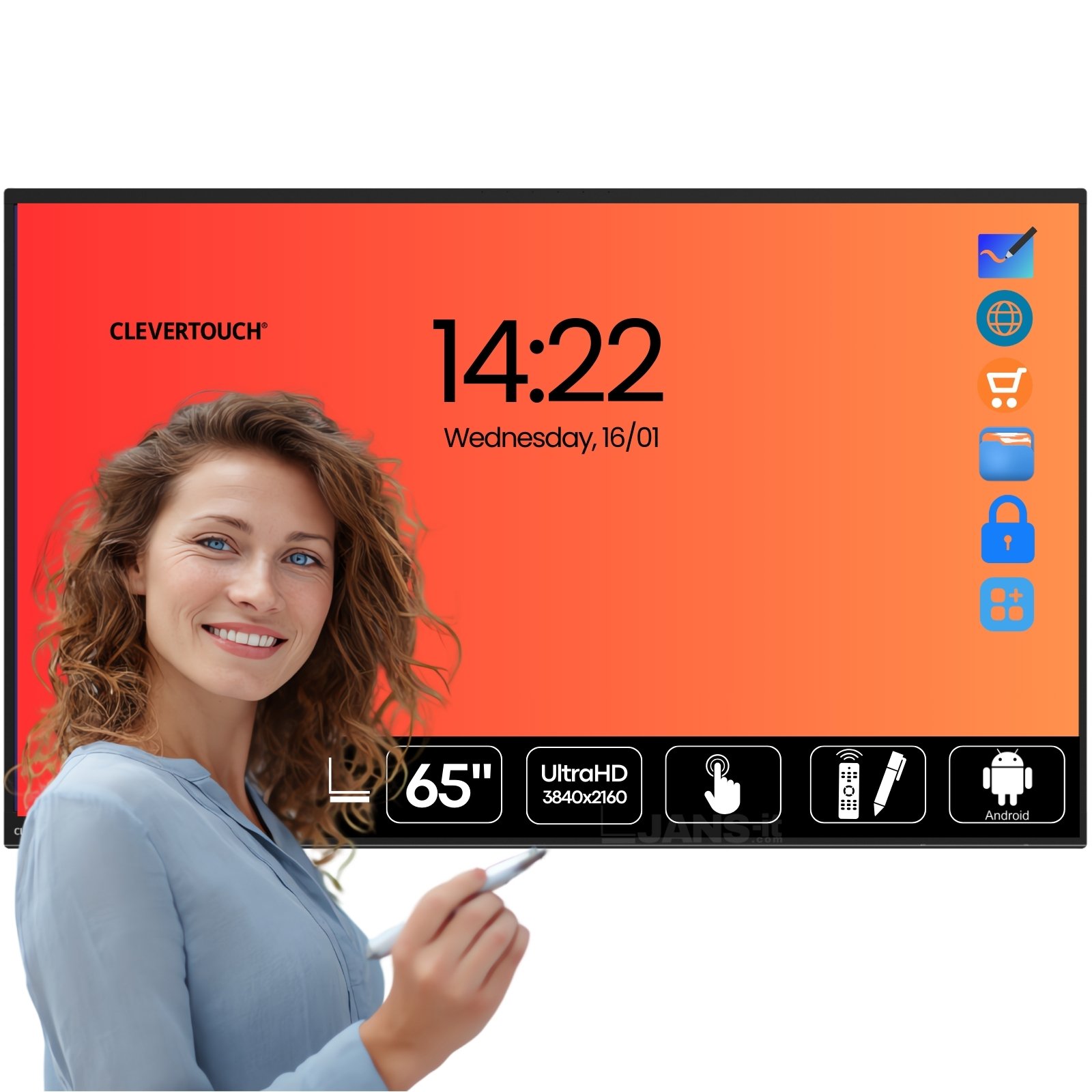 Monitor interativo Clevertouch Impact 65 plus. Monitor de videconferência e reunião, interativo de 65" com resolução UHD 4K, introdução touch e caneta. Usado recondicionado com Garantia JANSit.