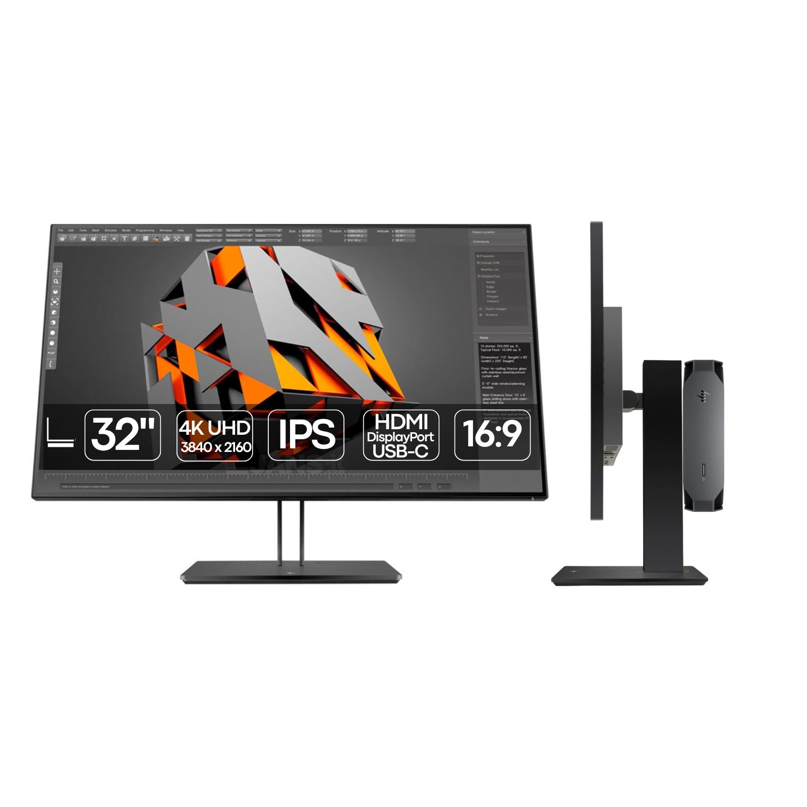 Bundle HP Z2 Mini G5 Workstation com placa gráfica NVIDIA RTX 3000 e Monitor HP Z32 4K de 31.5 polegadas – Estação de trabalho recondicionada JANSit Grade A para design 3D, CAD e edição de vídeo. Inclui conectividade USB-C e 24 meses de garantia JANSit.