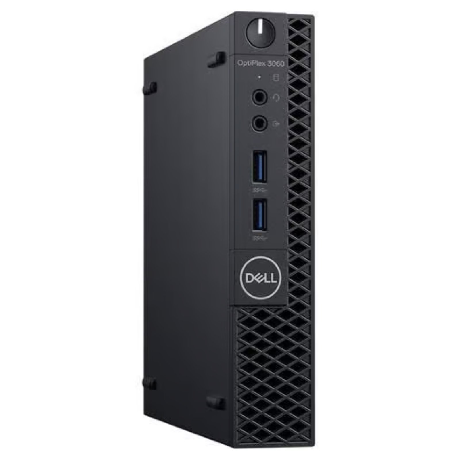 Vista lateral esquerda do computador desktop Dell OptiPlex 3060 Micro recondicionado JANSit – Perfil ultra-fino em chassis metálico robusto, grelhas de ventilação passiva e design modular. Solução Micro Form Factor (MFF) Grade A com garantia JANSit.