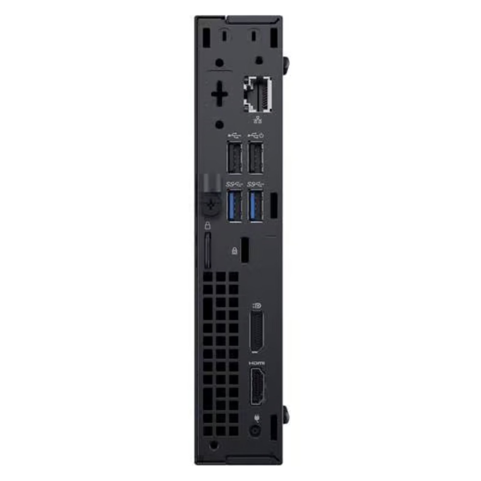 Vista traseira do computador Dell OptiPlex 3060 Micro recondicionado JANSit – Painel de portas com HDMI, DisplayPort, 4x USB 3.1 e Ethernet RJ45. Suporte para dois monitores e ranhura de segurança Kensington. Desktop Grade A com garantia JANSit.