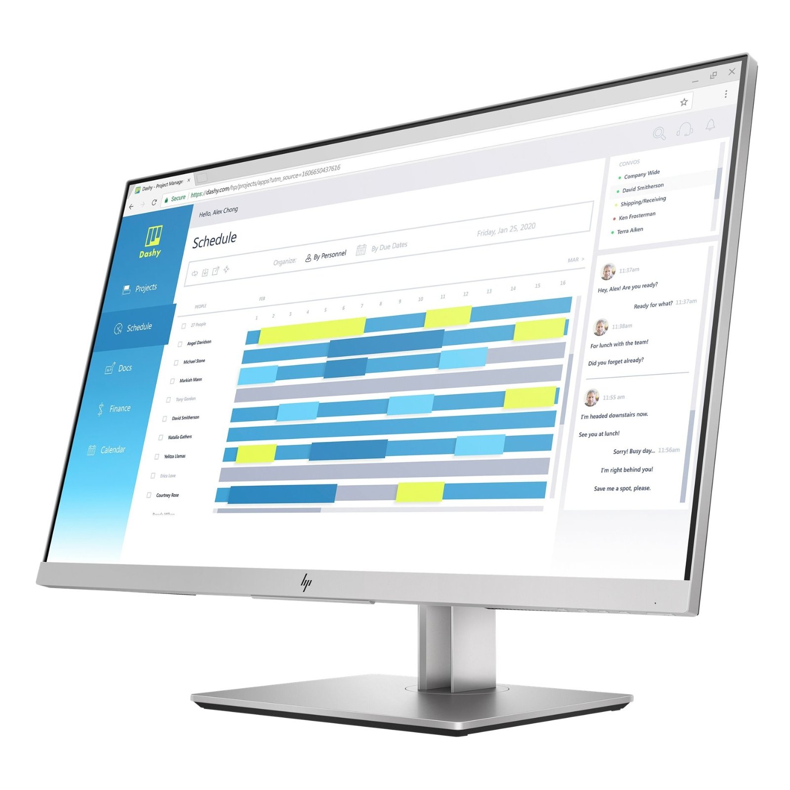 Vista lateral direita do monitor dock HP EliteDisplay E273d recondicionado JANSit – Destaque para o perfil de ecrã ultra-fino, portas USB de carregamento e base ergonómica com ajuste de altura de 150mm. Design profissional Grade A com garantia JANSit.