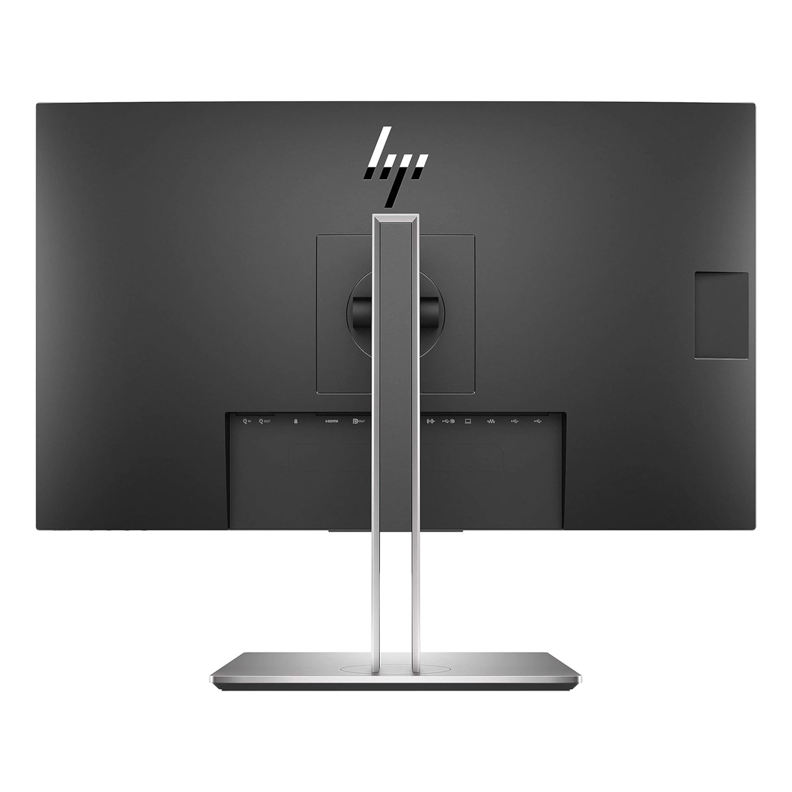 Vista traseira do monitor dock HP EliteDisplay E273d recondicionado JANSit – Painel de conexões com USB-C (65W), HDMI, DisplayPort, entrada Ethernet RJ45 e hub USB 3.0. Gestão de cabos integrada e suporte VESA, com garantia JANSit.