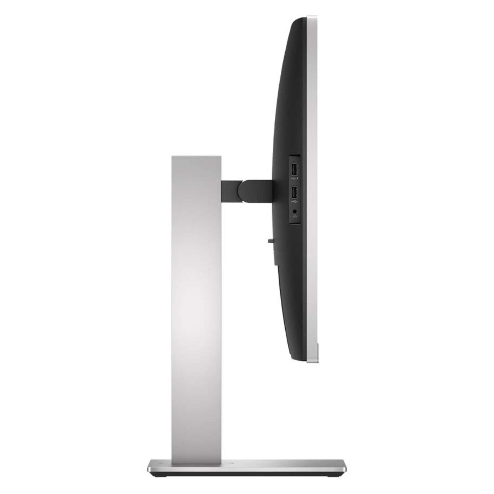 Vista do lado direito do monitor dock HP EliteDisplay E273d recondicionado JANSit – Destaque para o suporte ergonómico com ajuste de altura de 150mm, inclinação e portas USB laterais para periféricos. Design profissional em cinza metalizado com garantia JANSit.