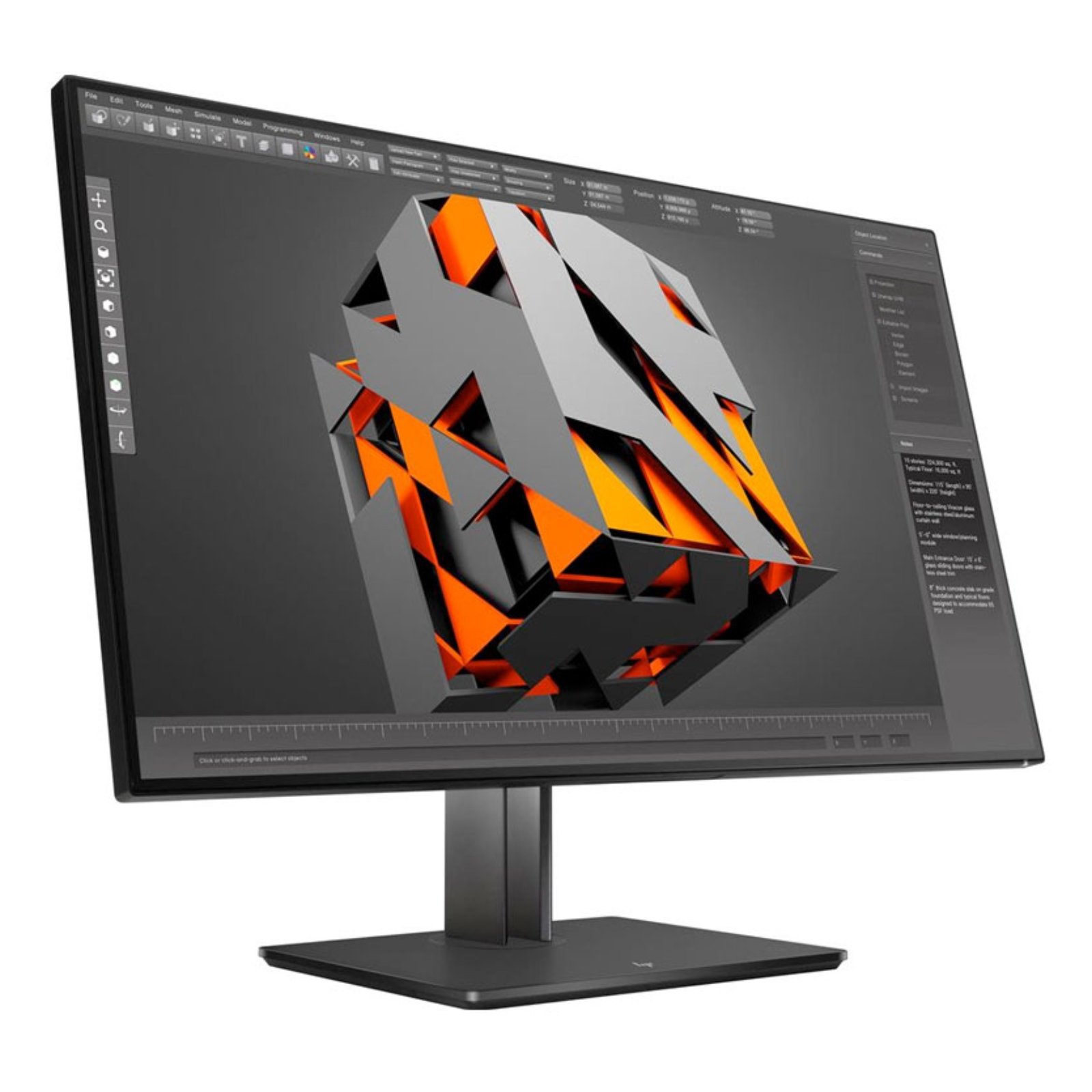 Vista lateral esquerda do monitor profissional HP Z32 4K de 31.5 polegadas recondicionado JANSit – Destaque para o perfil fino do painel IPS, portas USB 3.0 de acesso rápido e suporte ergonómico de alta resistência. Equipamento Grade A com garantia JANSit.