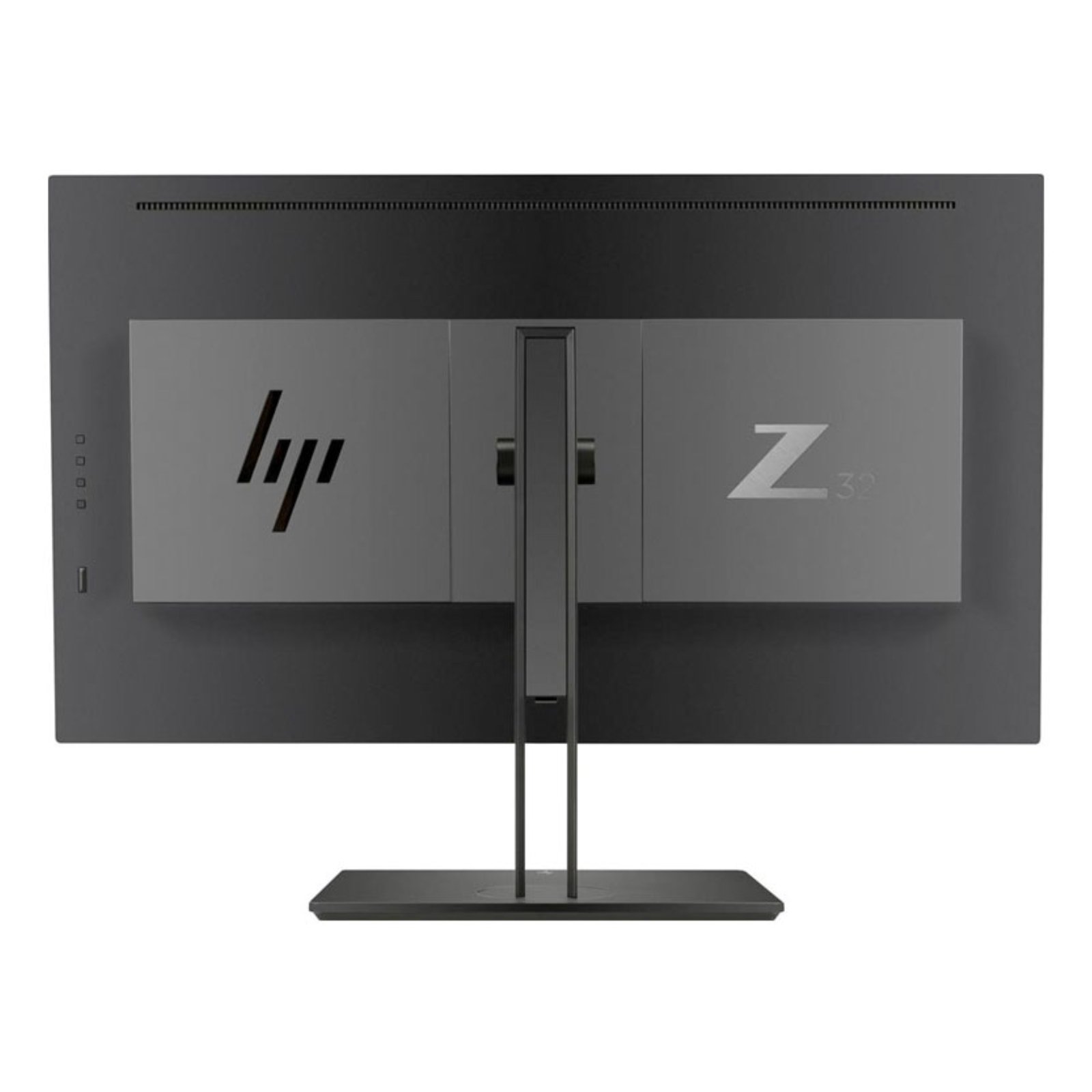 Vista traseira do monitor profissional HP Z32 4K UHD recondicionado JANSit – Painel de conexões completo com USB-C (65W), DisplayPort, HDMI e hub USB 3.0. Destaque para o suporte VESA e joystick de navegação OSD. Garantia JANSit Grade A.