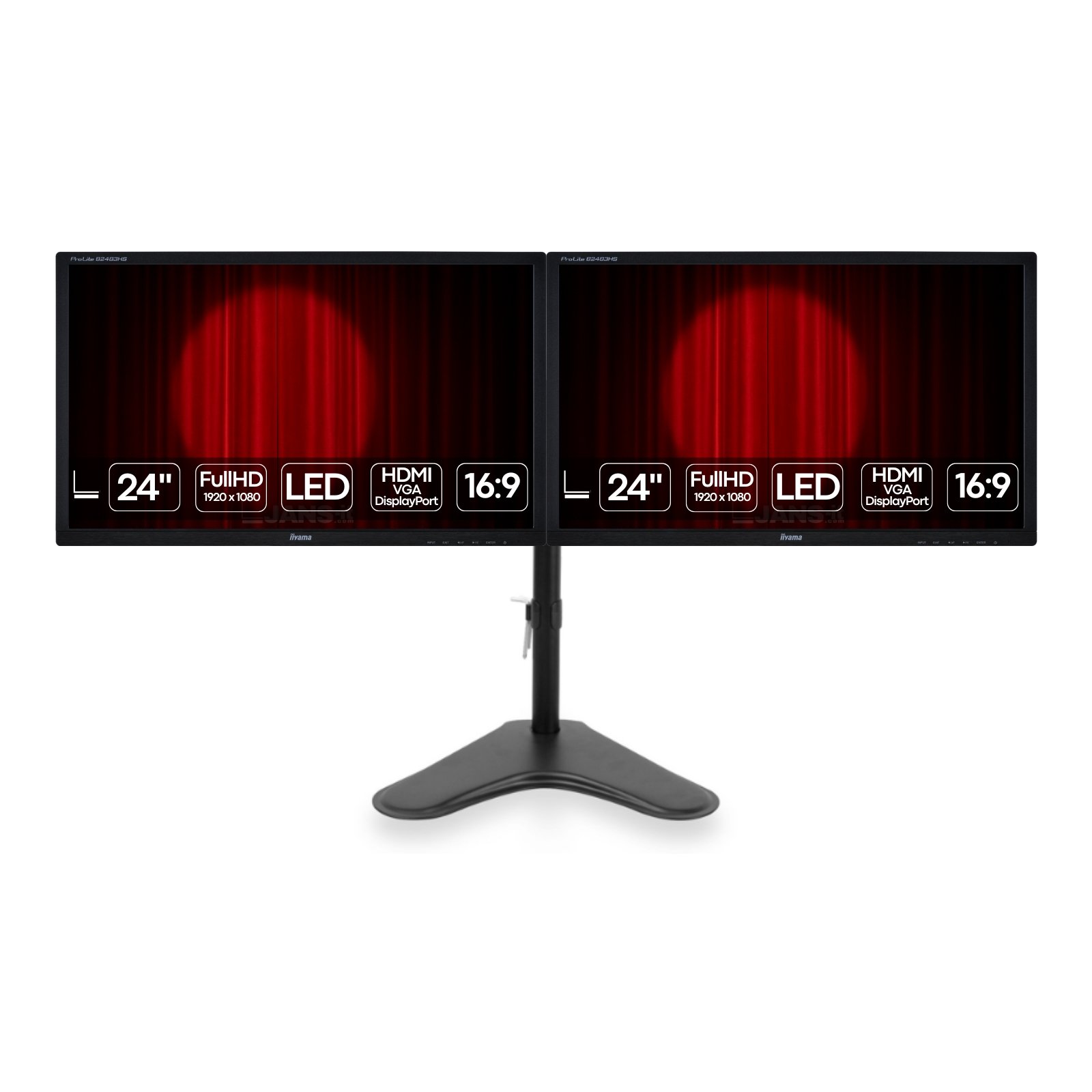 Pack de dois monitores iiyama ProLite B2483HS recondicionados JANSit – Setup de monitor duplo Full HD com suporte ajustável em altura e rotação (Pivot). Ideais para produtividade e escritório, com garantia JANSit.
