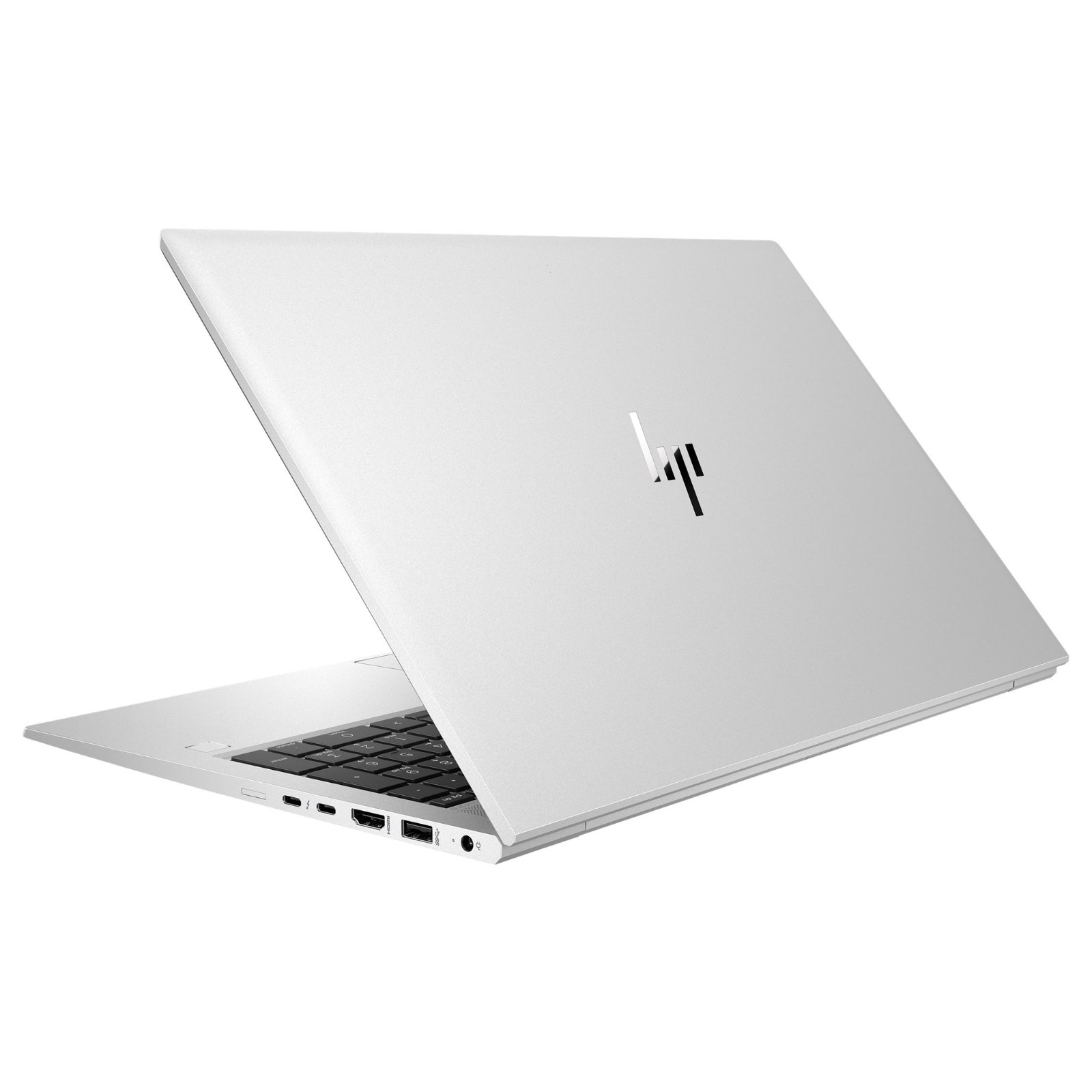 Vista em perspetiva lateral direita traseira do portátil HP EliteBook 850 G8 recondicionado JANSit – Destaque para a dobradiça premium com gravação 'EliteBook' e porta Thunderbolt 4. Design ultrafino em alumínio com acabamento de alta gama e garantia JANSit.