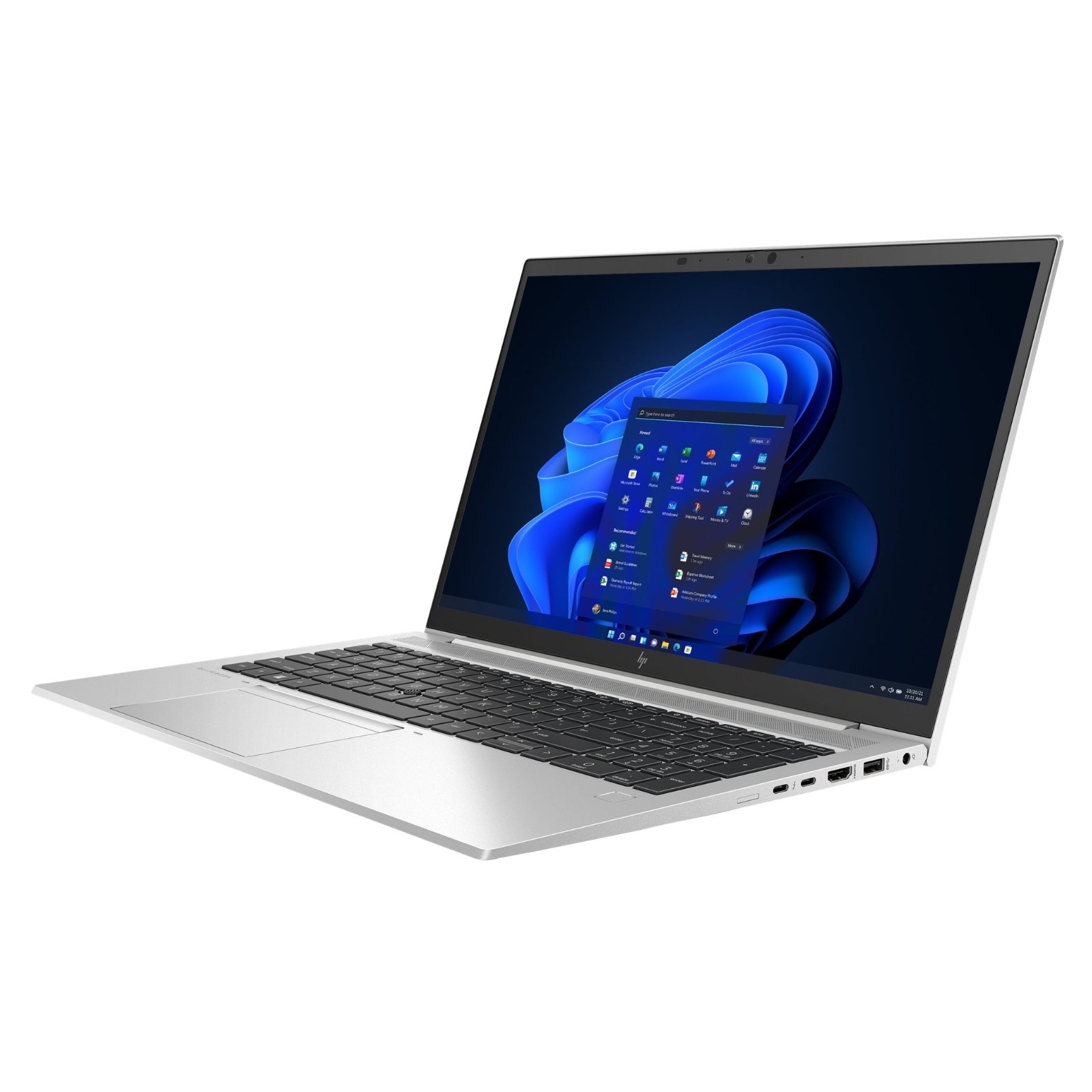 Vista lateral esquerda do portátil HP EliteBook 850 G8 recondicionado JANSit – Detalhe das portas USB-A 3.1, ranhura de bloqueio Nano Security e leitor de Smart Card. Design em alumínio com foco em segurança empresarial e durabilidade, com garantia JANSit.