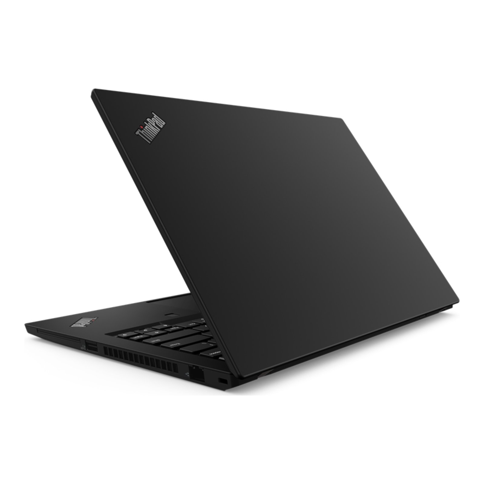 Vista lateral esquerda traseira do portátil Lenovo ThinkPad T14 recondicionado JANSit – Destaque para a dobradiça de abertura 180°, porta Thunderbolt 3 e saída de dissipação térmica. Design robusto em conformidade com normas militares (MIL-STD-810G) e garantia JANSit.