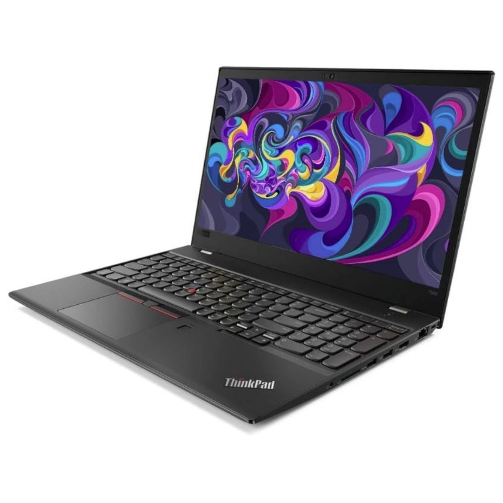 Vista lateral do portátil profissional Lenovo ThinkPad T580 recondicionado JANSit – Detalhe das portas USB-C Thunderbolt 3, HDMI e Ethernet (RJ45). Design robusto e ultra-fino para conectividade empresarial, com garantia JANSit.