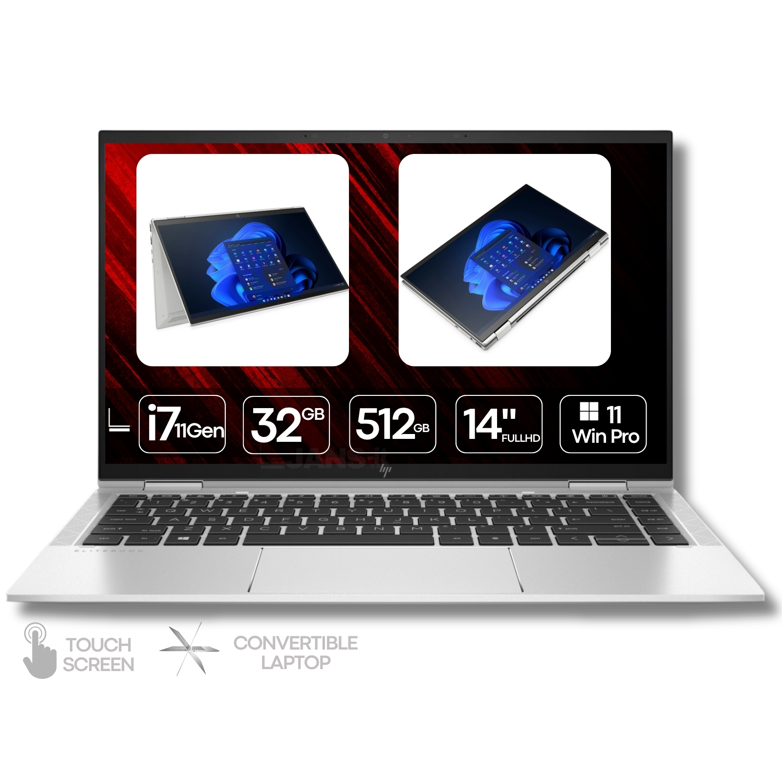 Portátil híbrido HP EliteBook 1040 G8 x360 recondicionado JANSit – Processador Intel Core i7, 32GB RAM, SSD 512GB e ecrã tátil de 14 polegadas. Design convertível premium em alumínio, Grade A com garantia JANSit.