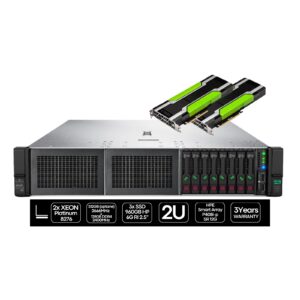 Servidor HP ProLiant DL380 Gen10 recondicionado JANSit – Configuração extrema com 2x NVIDIA Tesla P100 GPU e 2x Intel Xeon Platinum 8276. Performance ultra-elevada para IA, Deep Learning e computação científica. Estado Grade A com garantia JANSit.