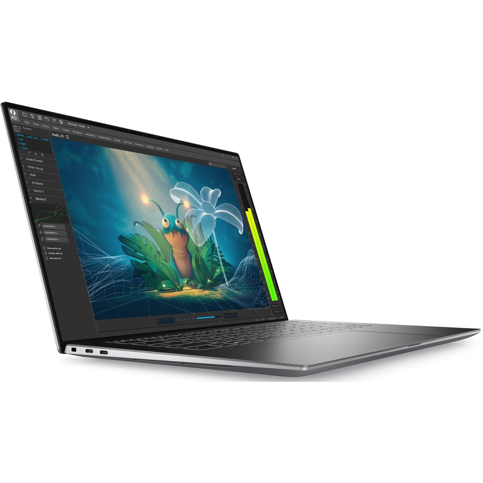 Vista lateral esquerda da workstation Dell Precision 5570 recondicionada JANSit – Detalhe das duas portas USB-C Thunderbolt 4 e acabamento premium em alumínio e fibra de carbono. Design ultra-fino de alta performance para profissionais, com garantia JANSit.
