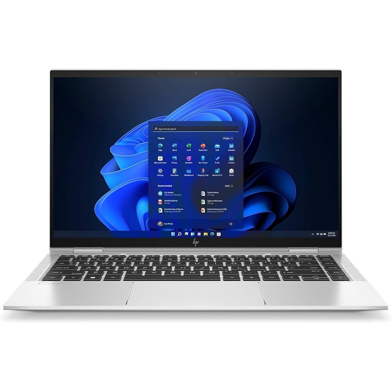 Vista frontal do portátil convertível HP EliteBook 1040 x360 recondicionado JANSit – Ecrã tátil Full HD IPS de 14 polegadas com molduras finas, webcam de alta definição com infravermelhos (Face ID) e teclado retroiluminado. Design premium Grade A com garantia JANSit