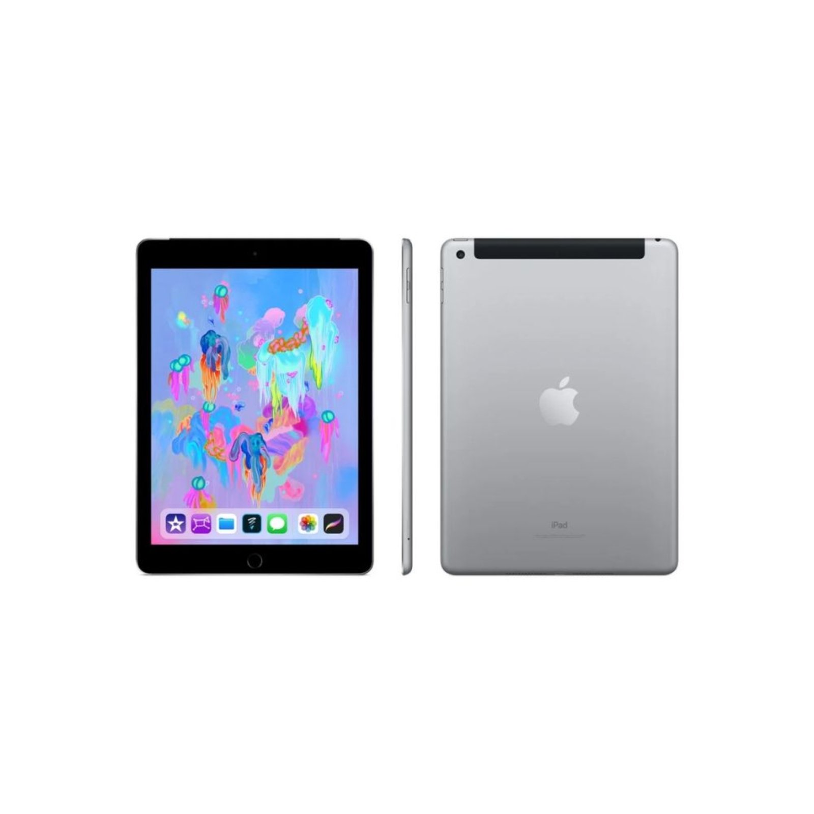 Vistas frontal, perfil e traseira do iPad 6ª Geração recondicionado JANSit 9.7'' LTE Cinzento Sideral – Detalhe do design ultrafino, ecrã Retina e entrada para cartão SIM. Tablet Apple 2018 certificado em excelente estado com garantia JANSit.