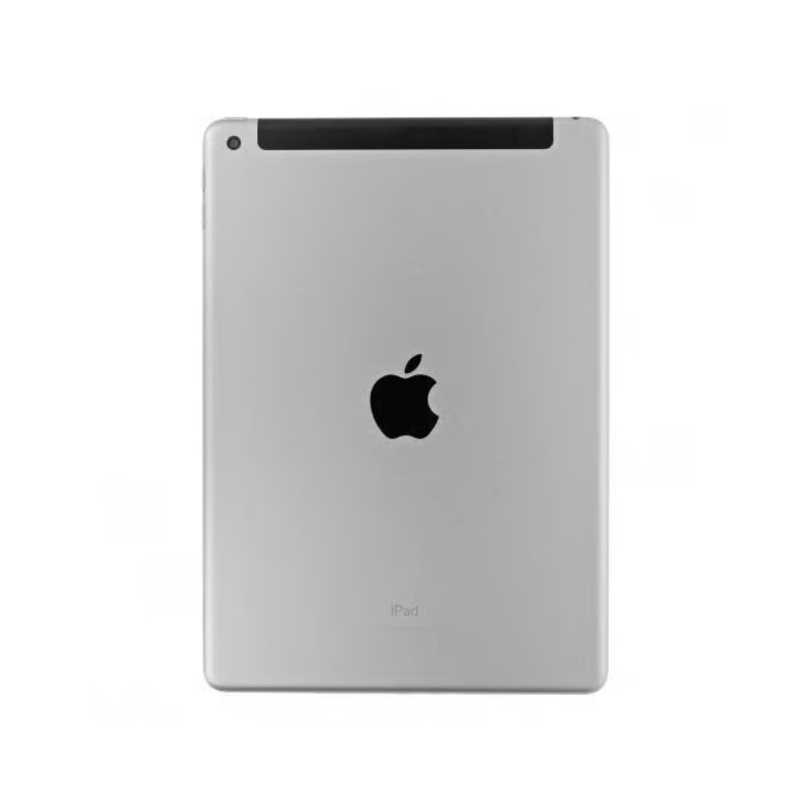 Vista traseira do iPad 6ª Geração recondicionado JANSit em Cinzento Sideral – Detalhe da câmara de 8MP, logótipo Apple e antena LTE para cartão SIM. Chassis em alumínio 9.7 polegadas, certificado e testado pela JANSit.