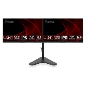 Setup de dois monitores 24 polegadas iiyama ProLite XUB2492HSU recondicionados JANSit – Configuração dual-monitor IPS Full HD com molduras ultra-finas e bases ergonómicas ajustáveis. Qualidade profissional Grade A com garantia JANSit.
