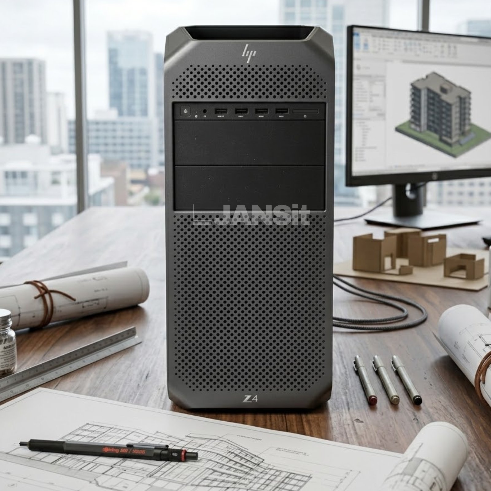 Workstation HP Z4 G4 integrada em gabinete de arquiteto – Setup profissional para projetos CAD e modelação 3D com a fiabilidade da NVIDIA RTX. Design industrial elegante que combina performance extrema e operação silenciosa. Qualidade JANSit Grade A.