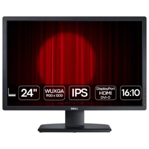 Monitor profissional Dell UltraSharp U2412M recondicionado JANSit – Painel IPS de 24 polegadas com resolução WUXGA (1920x1200). Proporção 16:10 para maior produtividade, suporte ergonómico total e fidelidade de cor premium. Estado Grade A com garantia JANSit.