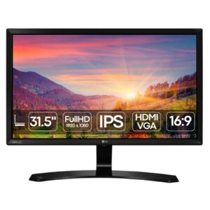 Monitor LG 32MP58HQ-P recondicionado de 32 polegadas – Ecrã IPS Full HD com design elegante ArcLine e acabamento em preto piano. Painel de grande formato para produtividade e multimédia, qualidade Grade A garantida pela JANSit.