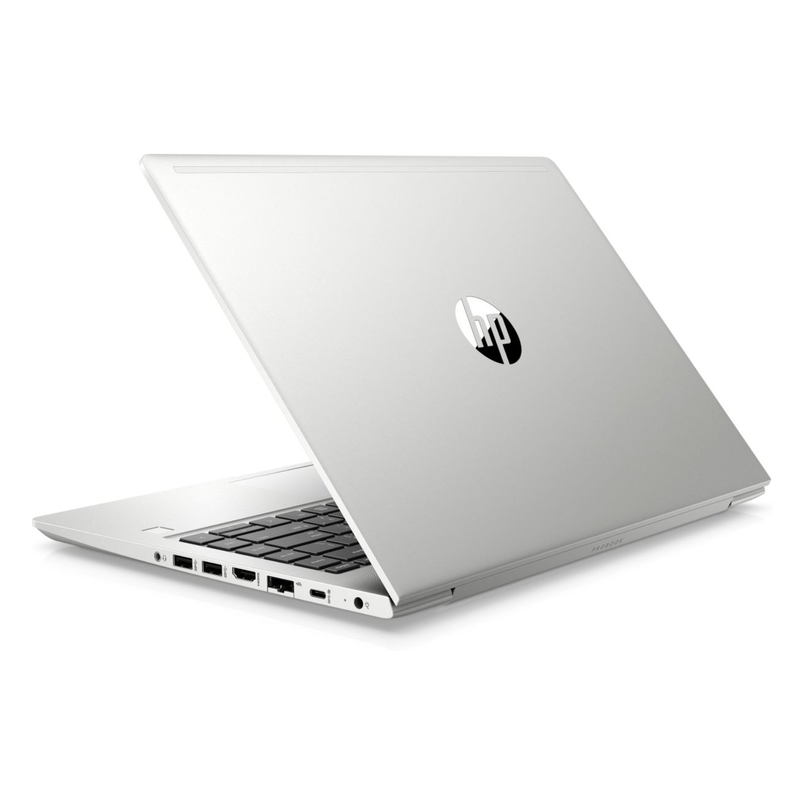 Vista da tampa (traseira) do portátil HP ProBook 440 G7 recondicionado JANSit – Acabamento em alumínio prateado com logótipo HP cromado. Design empresarial moderno e resistente, qualidade Grade A com garantia JANSit.