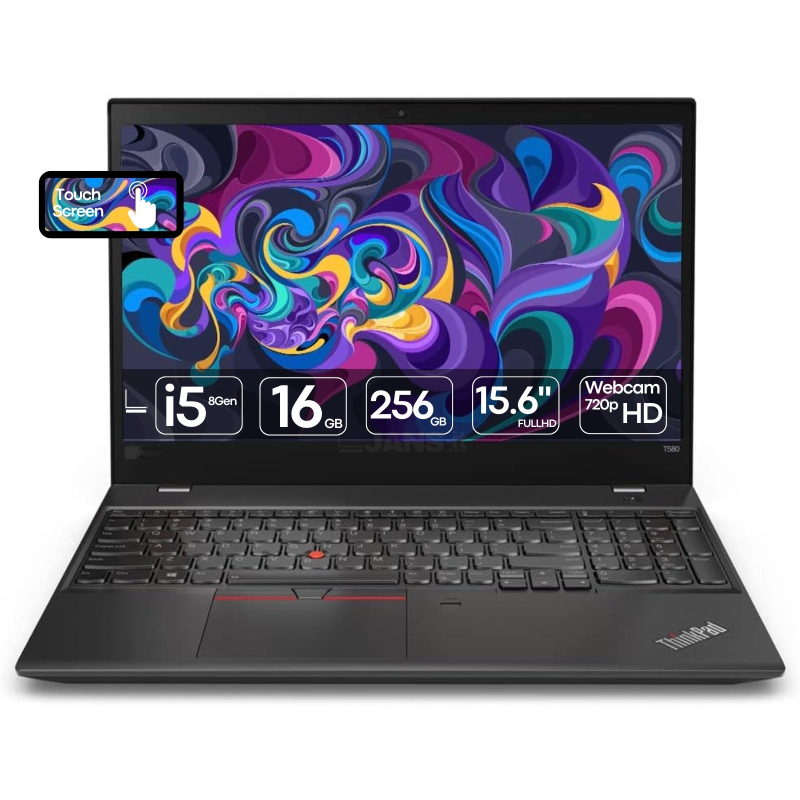 Portátil profissional Lenovo ThinkPad T580 Touchscreen recondicionado JANSit – Ecrã tátil de 15.6 polegadas Full HD, 16GB de RAM e teclado numérico completo. Design robusto em preto clássico, qualidade Grade A com garantia JANSit.