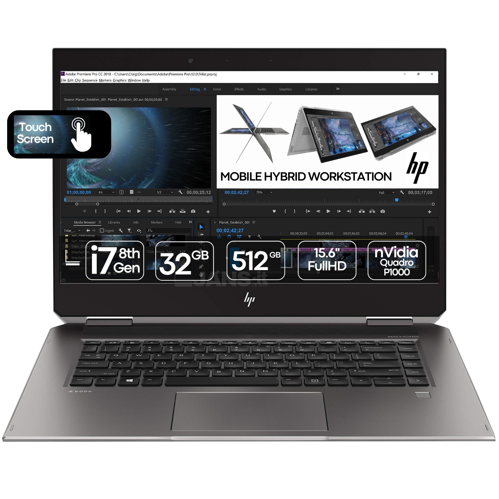 Workstation convertível HP ZBook Studio G5 x360 recondicionada JANSit – Processador Intel Core i7 de 8.ª Geração, 32GB RAM e gráfica NVIDIA Quadro P1000. Ecrã touchscreen 360°, design premium em alumínio e estado Grade A com garantia JANSit. Criatividade e performance profissional num só equipamento.