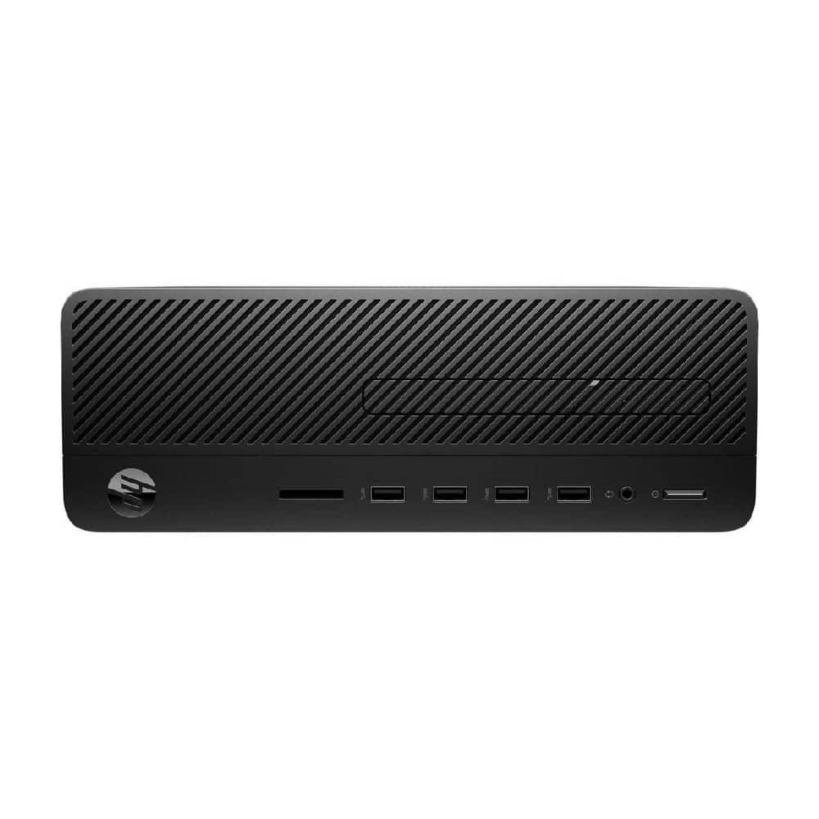 Vista frontal horizontal do computador HP 290 G1 SFF recondicionado JANSit – Configuração desktop compacta com acesso facilitado a portas USB e áudio. Design versátil em preto para otimização de espaço, qualidade Grade A com garantia JANSit.