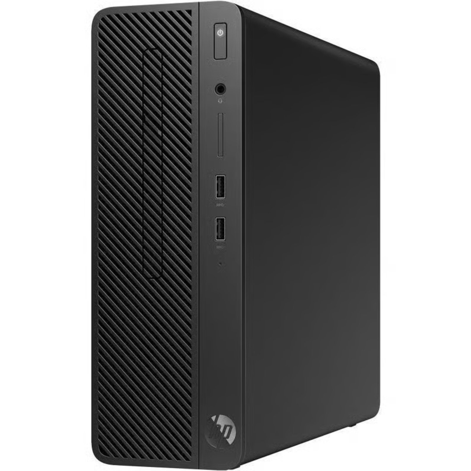 Vista lateral direita do computador HP 290 G1 SFF recondicionado JANSit – Perfil compacto de formato Small Form Factor com acabamento em preto mate. Chassis robusto e minimalista, qualidade Grade A com garantia JANSit.