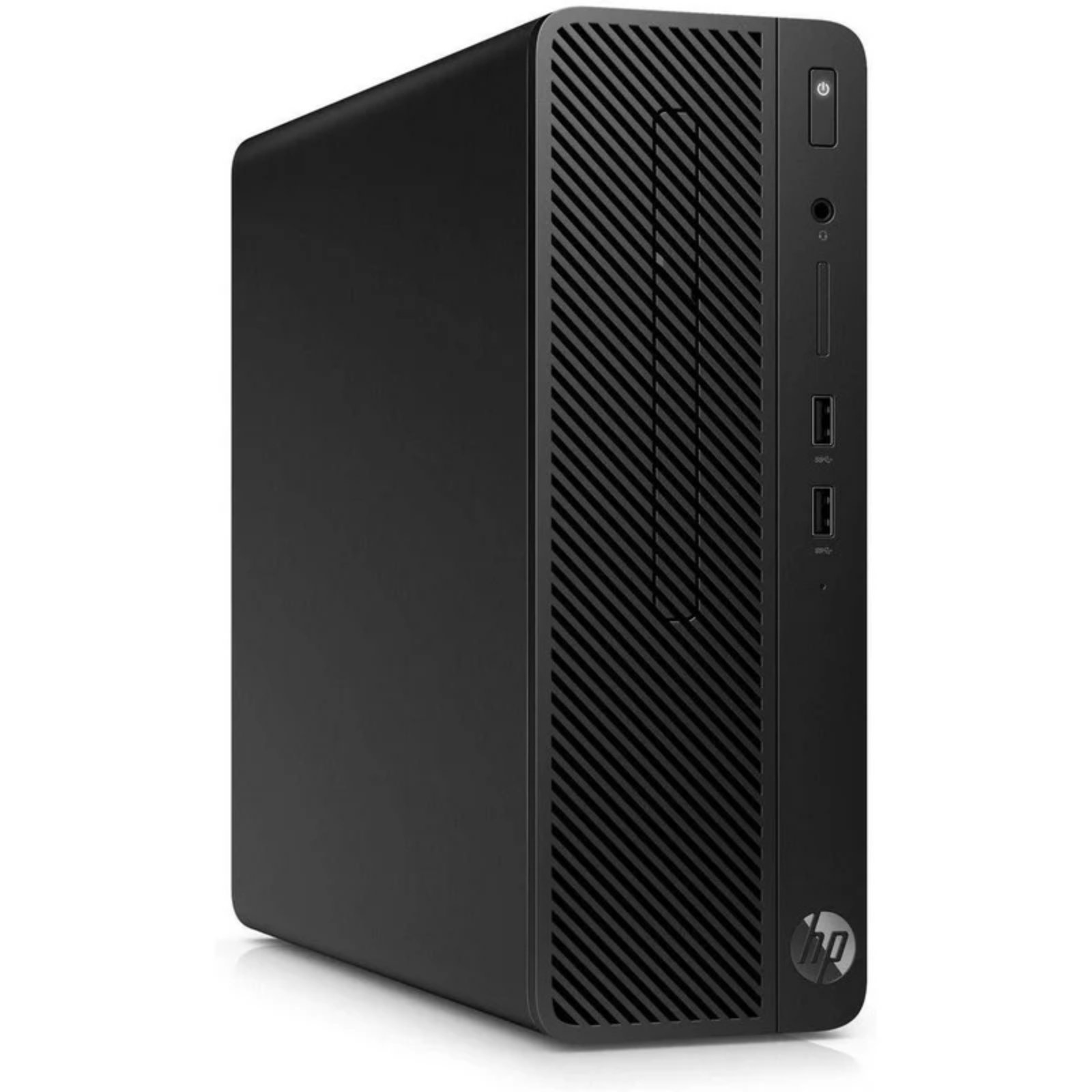 Vista lateral esquerda do computador HP 290 G1 SFF recondicionado JANSit – Painel de acesso com fixação por parafuso manual para manutenção facilitada. Chassis Small Form Factor robusto em preto, qualidade Grade A com garantia JANSit.