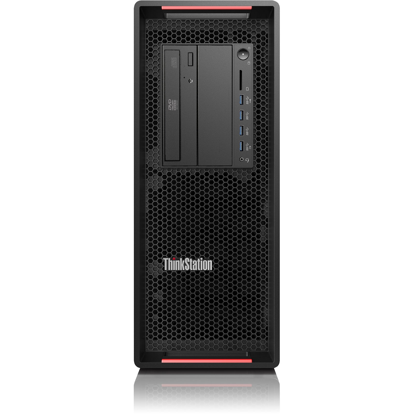 Workstation profissional Lenovo ThinkStation P510 recondicionada JANSit – Torre de alta performance com grelha frontal 'honeycomb' para fluxo de ar otimizado e pegas integradas. Hardware de classe industrial Grade A para engenharia, arquitetura e análise de dados.