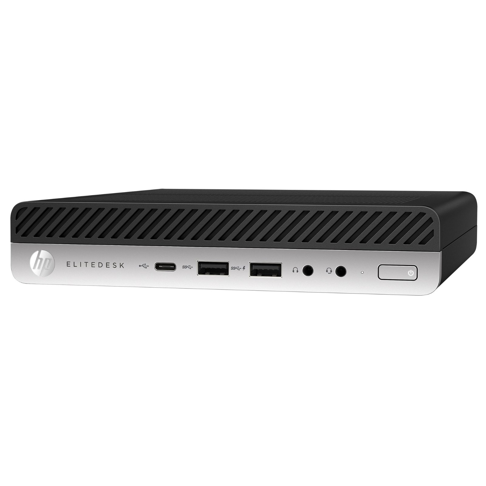 Vista lateral direita do computador ultra-compacto HP EliteDesk 800 G5 Desktop Mini recondicionado JANSit – Detalhe do chassis em aço com grelha de ventilação integrada para refrigeração eficiente. Estado Grade A com garantia JANSit.