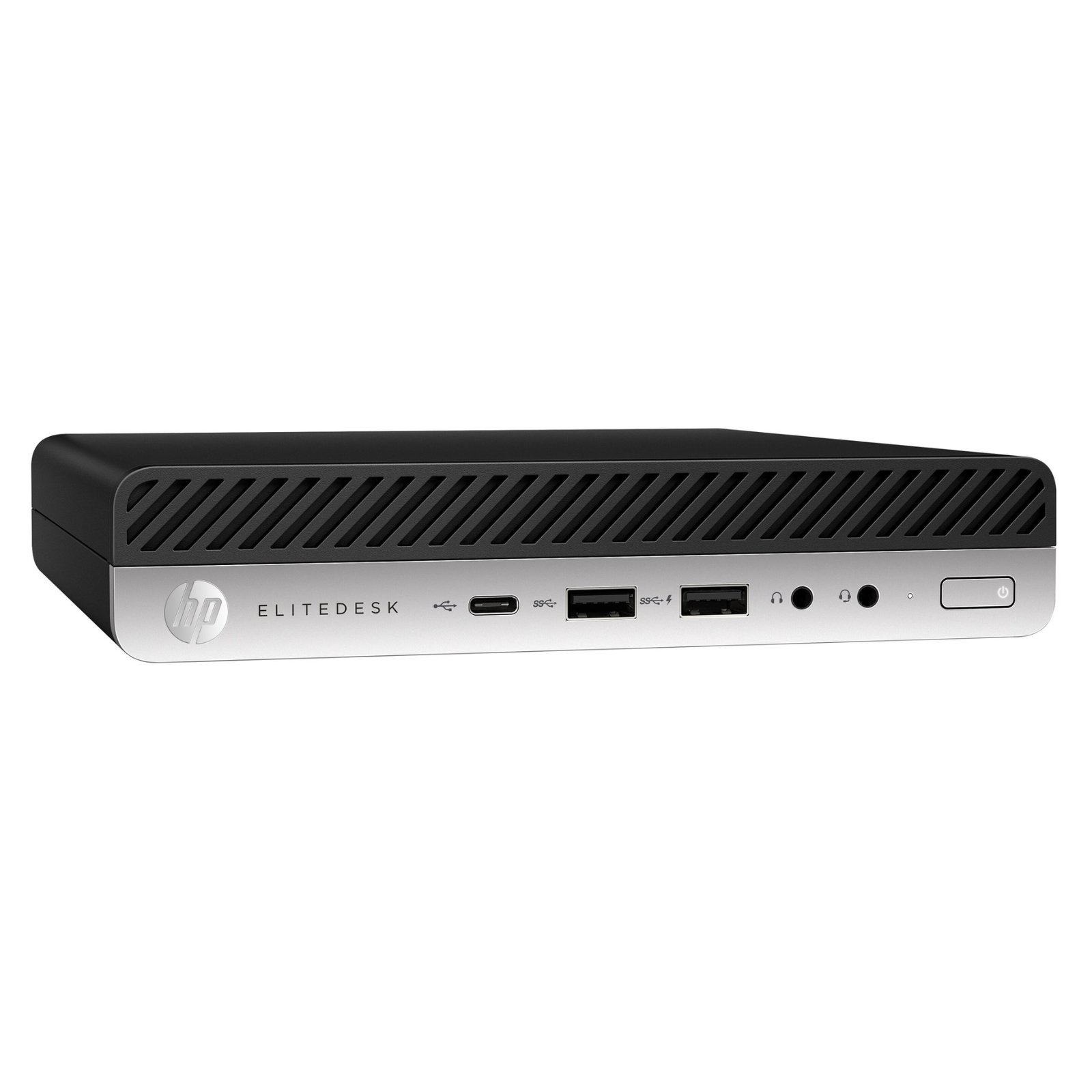 Vista lateral esquerda do computador ultra-compacto HP EliteDesk 800 G5 Desktop Mini recondicionado JANSit – Perfil slim com chassis metálico robusto em preto fosco e linhas industriais limpas. Estado Grade A com garantia JANSit.