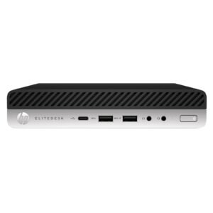 Computador ultra-compacto HP EliteDesk 800 G5 Desktop Mini recondicionado JANSit – Micro PC profissional de alto desempenho com chassis em preto e prata, botão de energia e portas USB-C frontais. Estado Grade A com garantia JANSit.