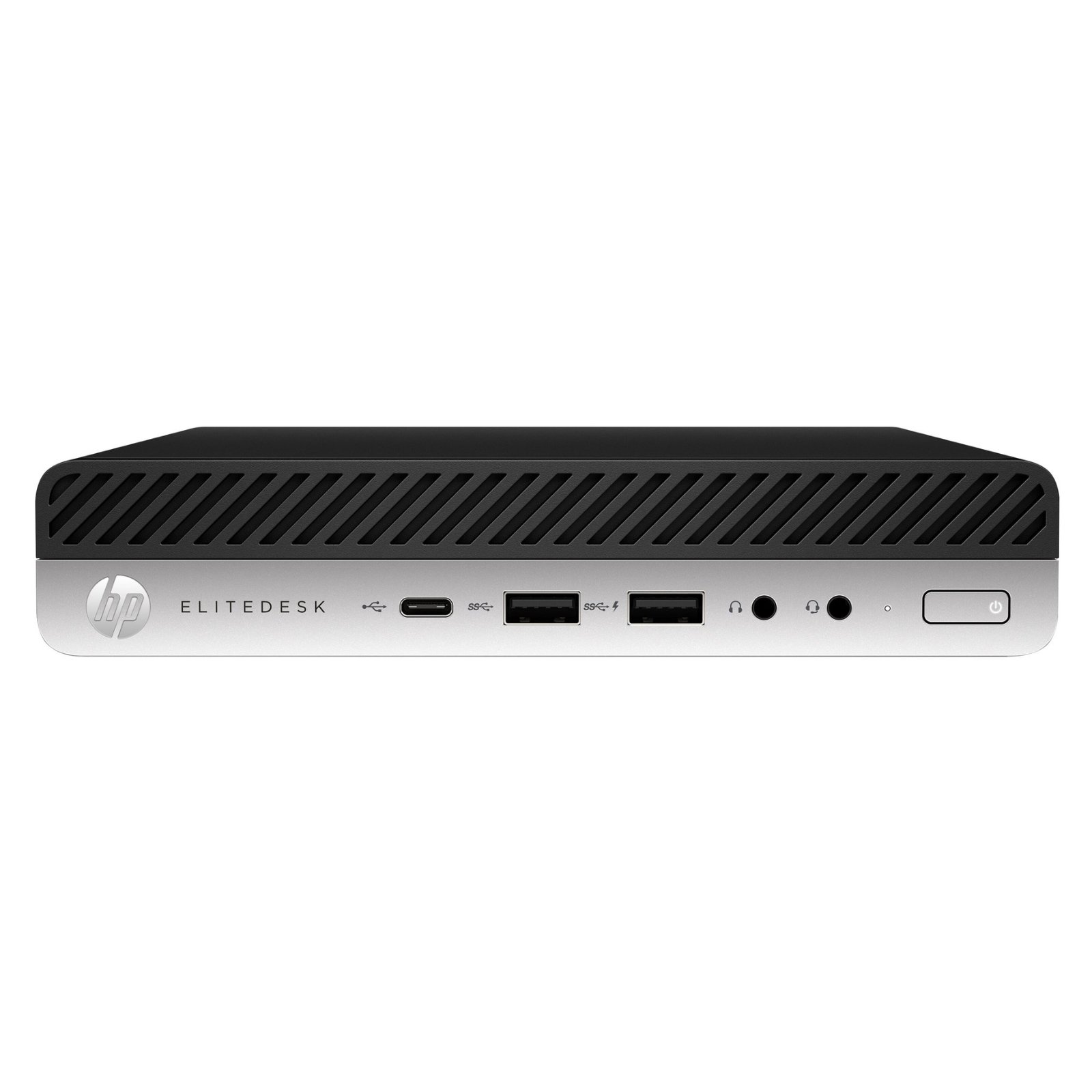 Computador ultra-compacto HP EliteDesk 800 G5 Desktop Mini recondicionado JANSit – Micro PC profissional de alto desempenho com chassis em preto e prata, botão de energia e portas USB-C frontais. Estado Grade A com garantia JANSit.