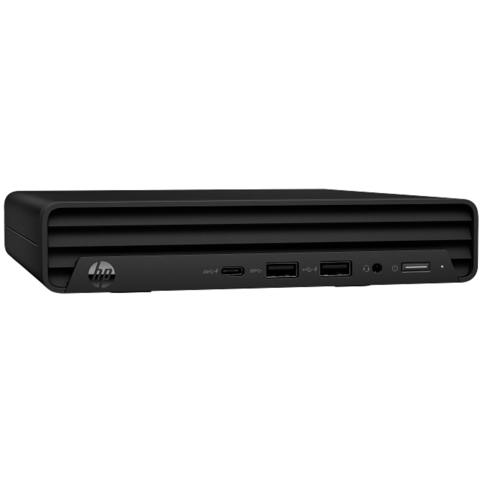 Vista lateral esquerda do computador ultra-compacto HP Pro Mini 260 G9 recondicionado JANSit – Destaque para o perfil ultrafino da nona geração, chassis em aço preto texturado e design minimalista. Estado Grade A com garantia JANSit.