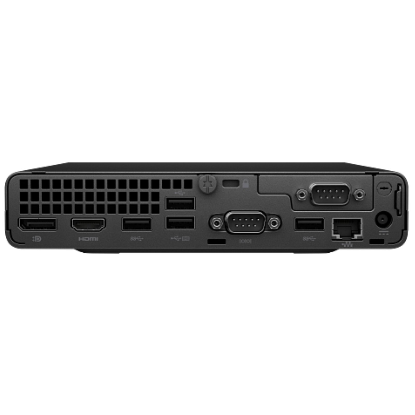 Vista traseira do computador ultra-compacto HP Pro Mini 260 G9 recondicionado JANSit – Painel de conexões completo com saídas de vídeo digitais HDMI e DisplayPort, portas USB, entrada de rede RJ-45 e ranhura de segurança. Estado Grade A com garantia JANSit.