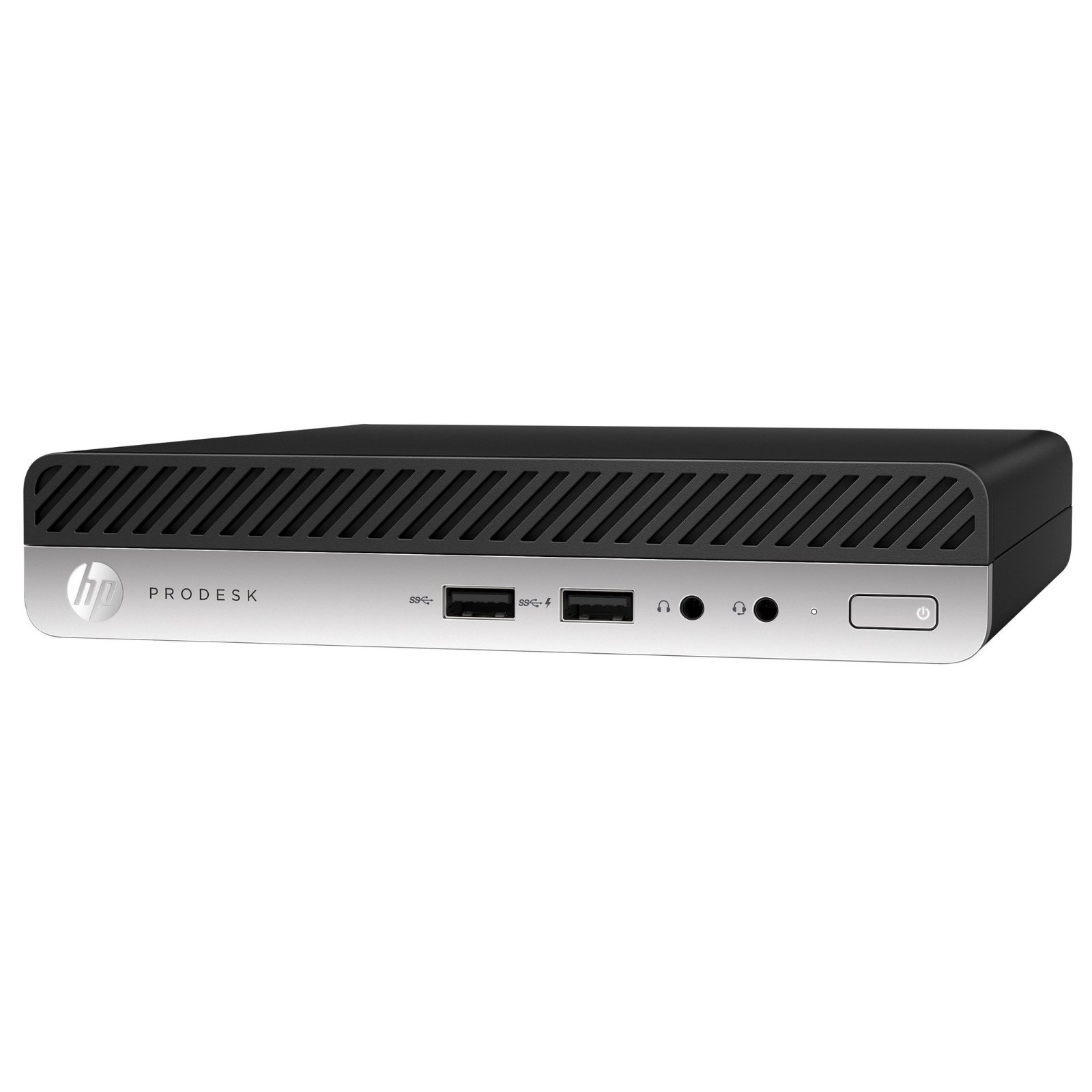 Vista lateral direita do computador ultra-compacto HP ProDesk 400 G4 Desktop Mini recondicionado JANSit – Destaque para as ranhuras de refrigeração integradas na estrutura e chassis metálico robusto. Estado Grade A com garantia JANSit.