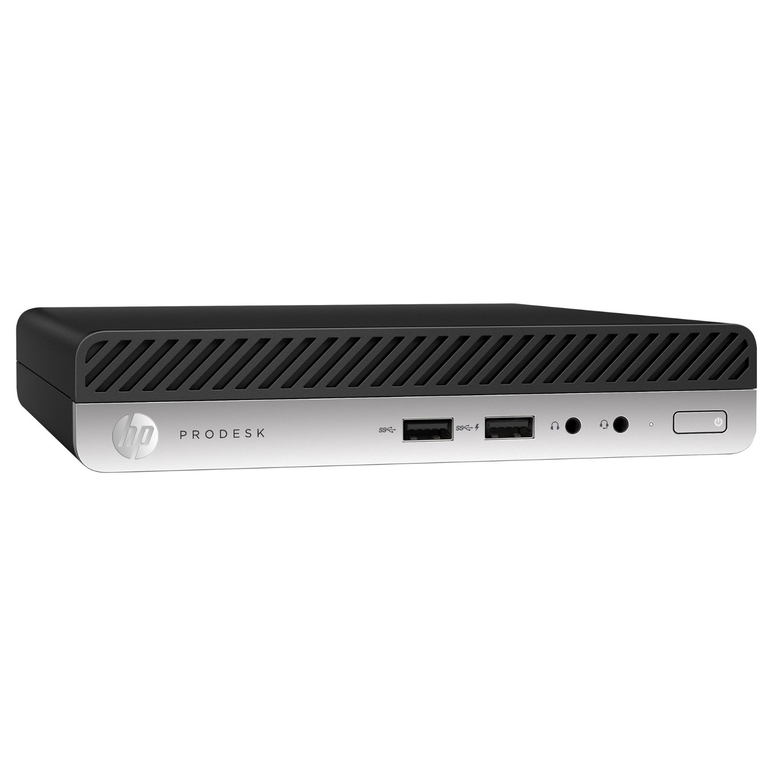 Vista lateral esquerda do computador ultra-compacto HP ProDesk 400 G4 Desktop Mini recondicionado JANSit – Detalhe do perfil slim, chassis metálico robusto em preto fosco e linhas corporativas discretas. Estado Grade A com garantia JANSit.