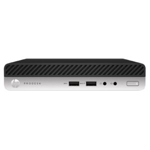 Computador ultra-compacto HP ProDesk 400 G4 Desktop Mini recondicionado JANSit – Micro PC profissional com chassis compacto em preto e prata, botão de energia e portas USB frontais de acesso rápido. Estado Grade A com garantia JANSit.