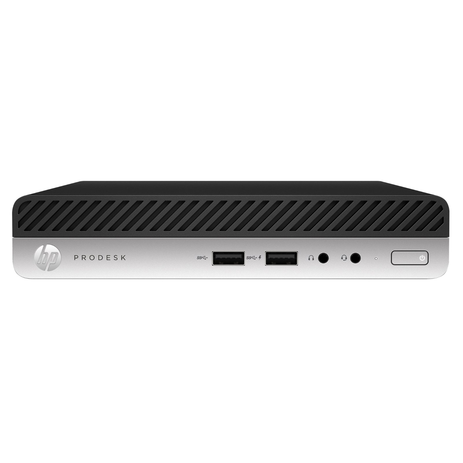 Computador ultra-compacto HP ProDesk 400 G4 Desktop Mini recondicionado JANSit – Micro PC profissional com chassis compacto em preto e prata, botão de energia e portas USB frontais de acesso rápido. Estado Grade A com garantia JANSit.