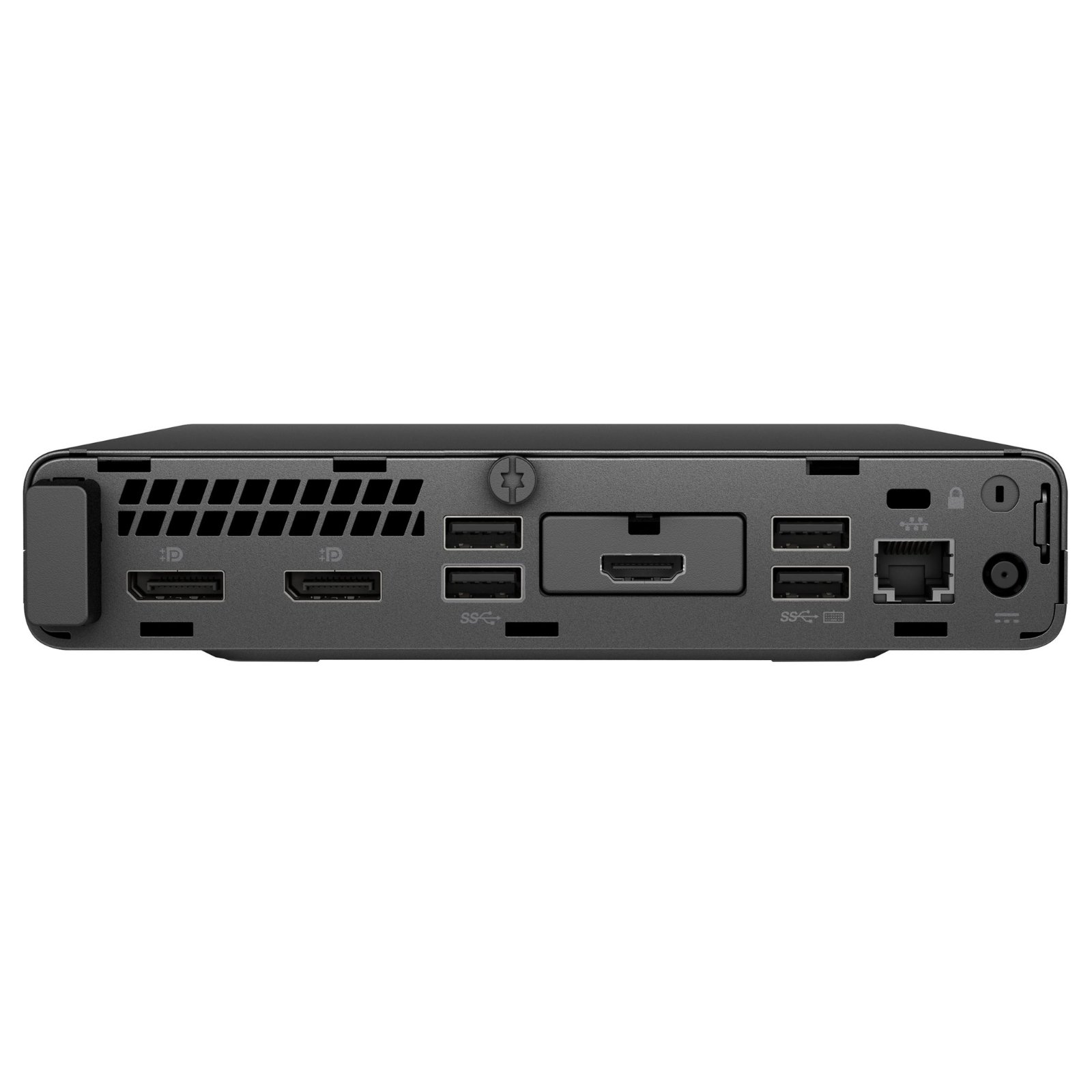 Vista traseira do computador ultra-compacto HP ProDesk 400 G4 Desktop Mini recondicionado JANSit – Painel completo com saídas de vídeo DisplayPort e VGA, portas USB corporativas, entrada de rede RJ-45 e ranhura de segurança. Estado Grade A com garantia JANSit.