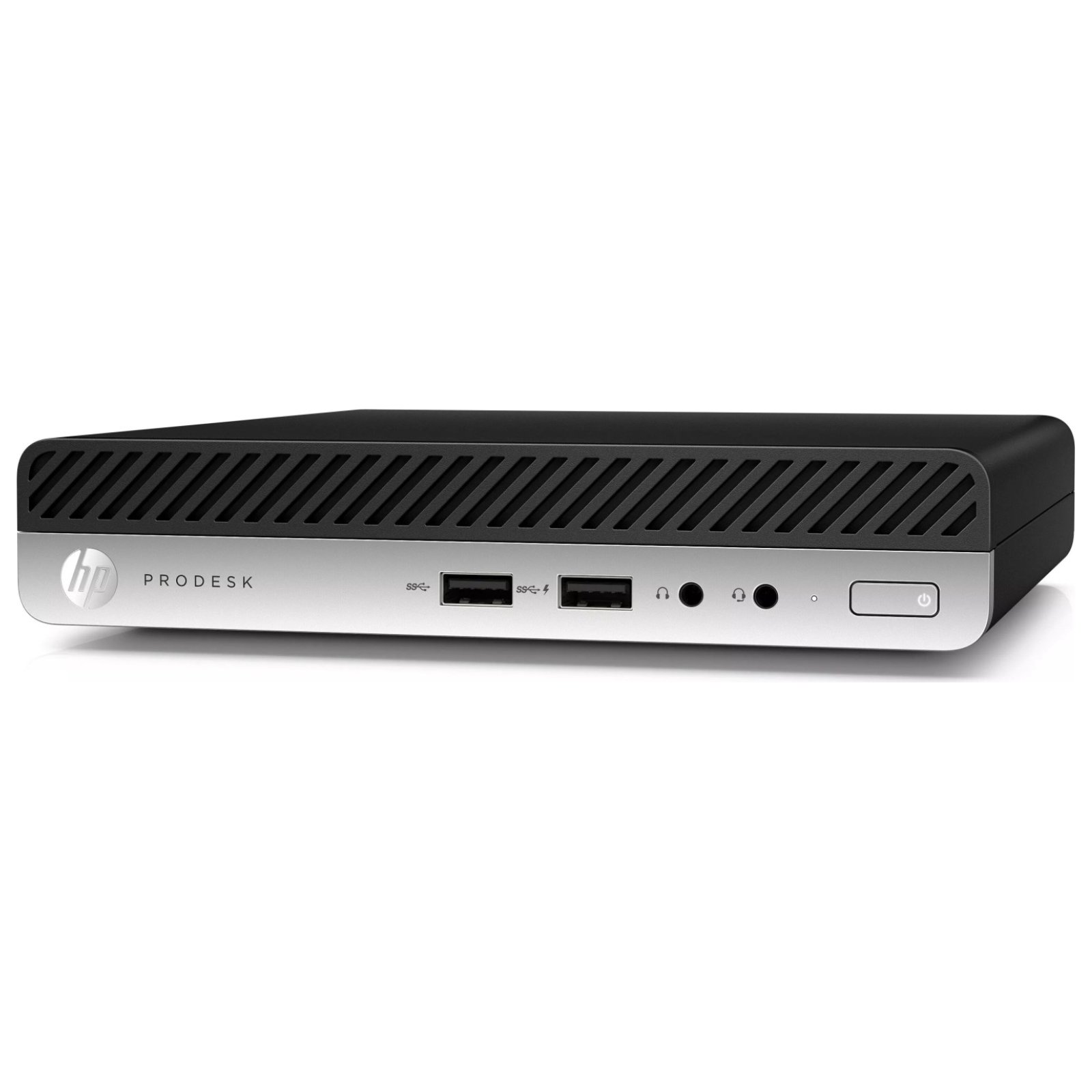 Vista lateral direita do computador mini PC HP ProDesk 400 G5 Mini recondicionado JANSit – Detalhe do chassis metálico compacto e das grelhas de circulação de ar integradas. Design corporativo estável, estado Grade A com garantia JANSit.